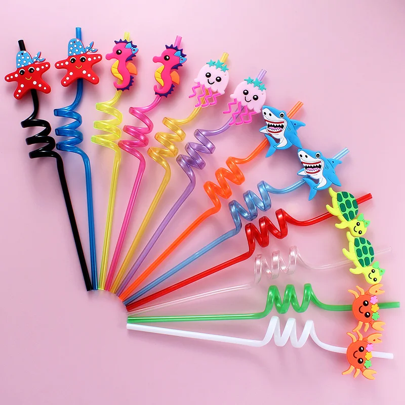 Set of 12 Reusable Spiral Straws with Adorable Marine Animal Caps - Perfect