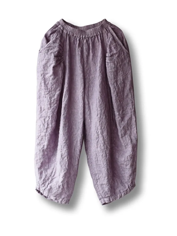 Pantalones holgados de lino con cintura elástica para mujer, pantalón de color liso, estilo vintage, para verano, 2023_voghion.com