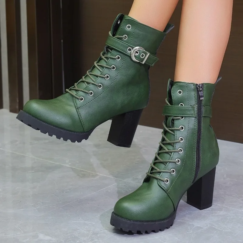 Square Heel Platform Booties Autumn Winter New Round Toe Extreme Side Zipper Soft Sole Anti-slip Wear-resistant High Heels