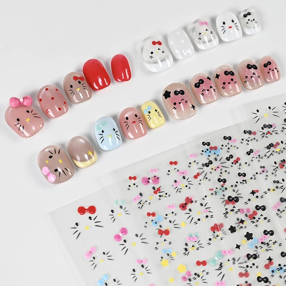 4개/세트 헬로키티 수염 얼굴 귀여운 네일 스티커 소녀들을 위한 헬로키티 스마일 윙크 표정 네일 데칼 레드 키티 얼굴 슬라이더