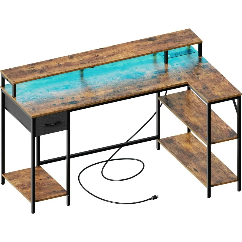 

SUPERJARE 53 Inch L Shaped Desk with LED Lights & Power Outlets, Reversible Computer Desk with Shelves & Drawer