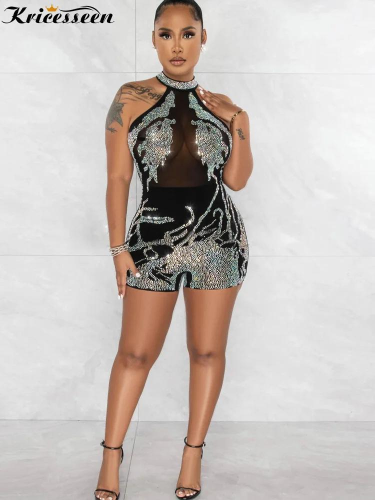 

Kricesseen Sexy Black Rhinestones Crystal Rompers Women Off The Shoulder Playsuit Skinny Birthday Clubwear Short Jumpsuit
