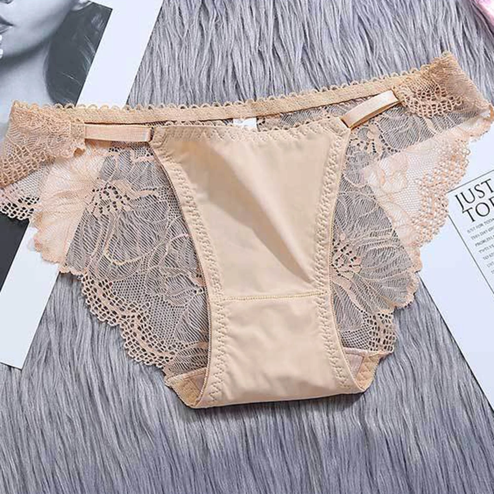 Women Sheer Lace Panties Smooth Satin Briefs Ice Silk Skin-friendly Breathable Underpants Low Rise Underwear Large Size Knickers