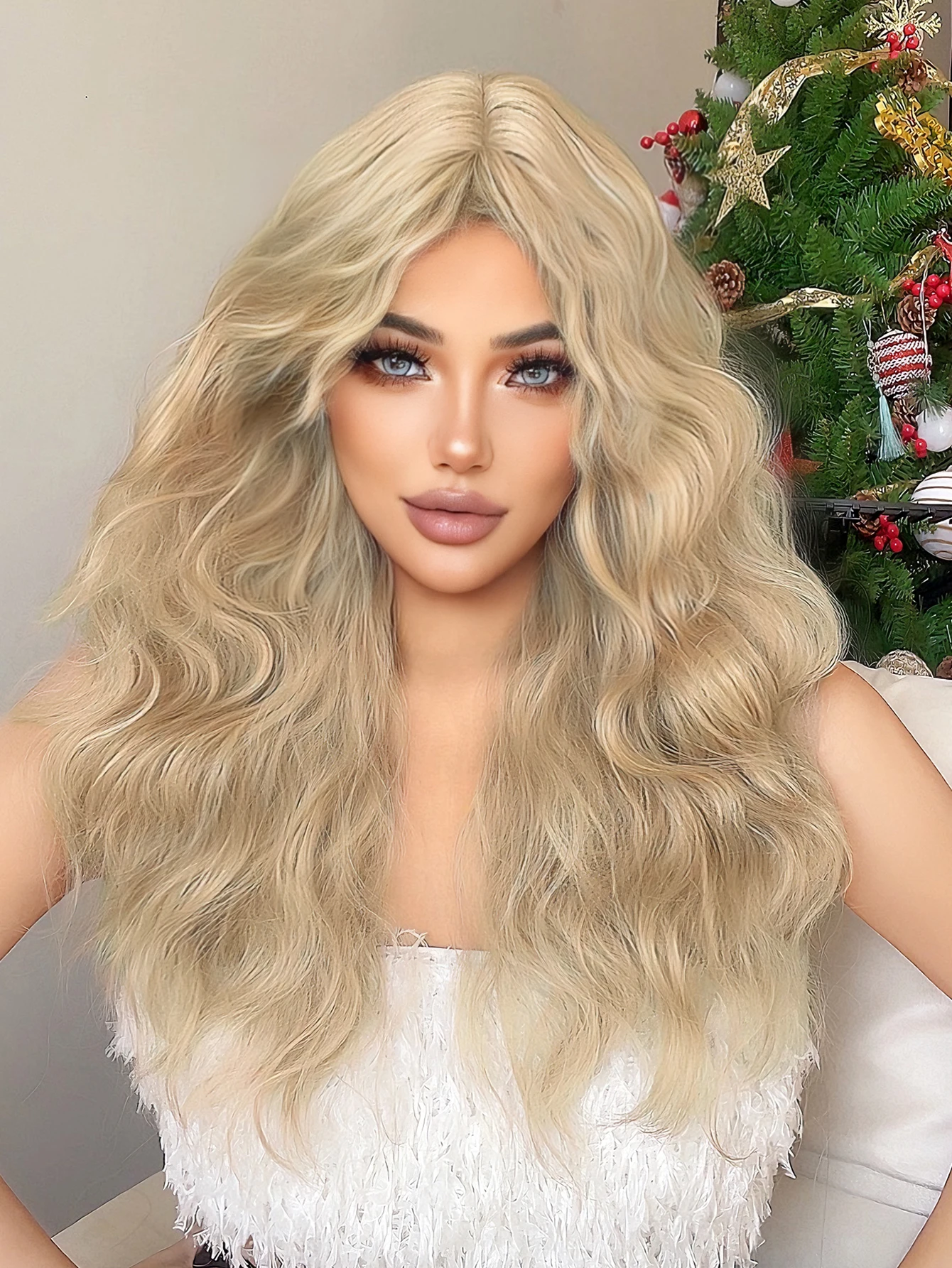 

26Inch Blond Color Synthetic Wigs Middle Part Long Natural Wavy Hair Wig For Women Daily Use Cosplay Drag Queen Heat Resistant