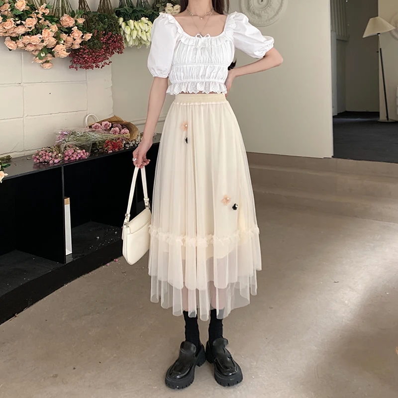 nike skirt Lucyever Black Mesh Long Skirt for Women Korean Sweet Floral Decoration A-line Skirt 2022 Summer High Waist Midi Skirts Female skirt top