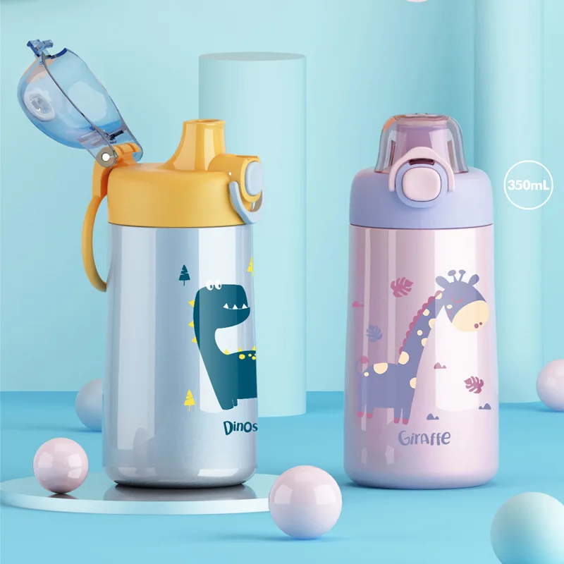 Botella de agua infantil de dinosaurio para niños, botella térmica con tapa  con pajilla, termo de acero inoxidable aislado para niños, botella térmica