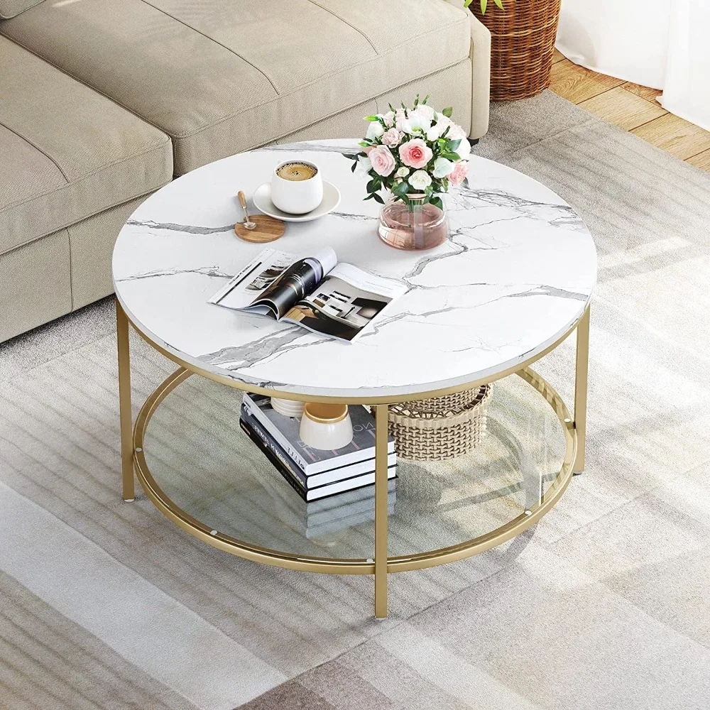 

2-Tier Round Coffee Table Marble Center Cocktail Table with Glass Open Storage Shelf, White & Gold