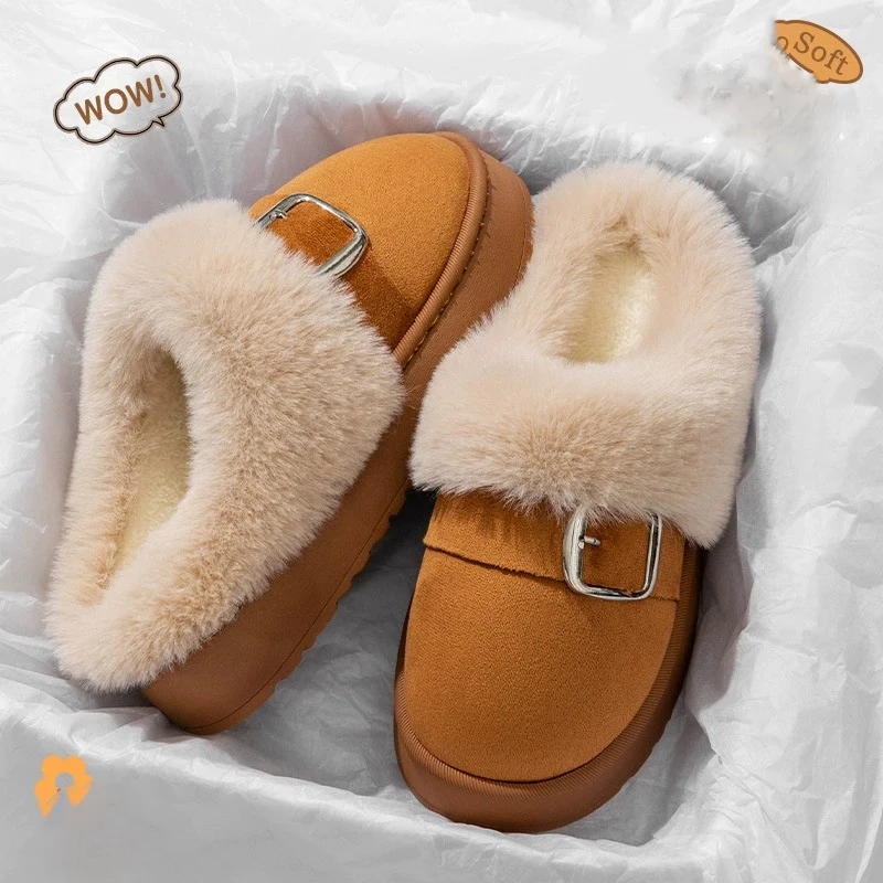 Khaki Faux Suede Fluffy Slippers Women Round Toe Thick Bottom Fur Slippers Woman Comfortable Warm Indoor Bedroom Shoes Ladies