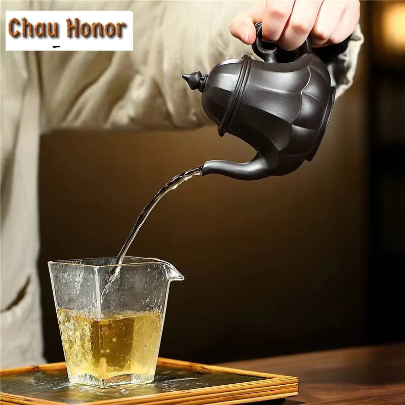 190ml Yixing Purple Clay Pot Famous Hand-made Ribbed Palace Lantern Teapot Raw Ore Black Mud Household Tea Set Customized Gifts