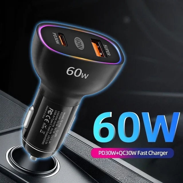 60W Fast Charging Car Charger Dual Port USB Type-C PD30W QC3.0 Power Adapter 12-30V Car Charger Suitable For Phones Headphones 1