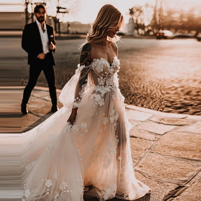 Long Sleeve Tulle Wedding Dress  Bridal Dresses Wedding Garden - 3d  Appliques Tulle - Aliexpress