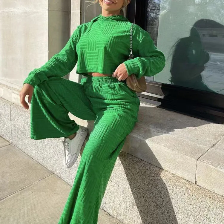BKLD Women Clothing Autumn And Winter Hoodie Set Casual Fashion Solid Color Long Sleeve Tops And Wide Leg Pants Two Piece Sets