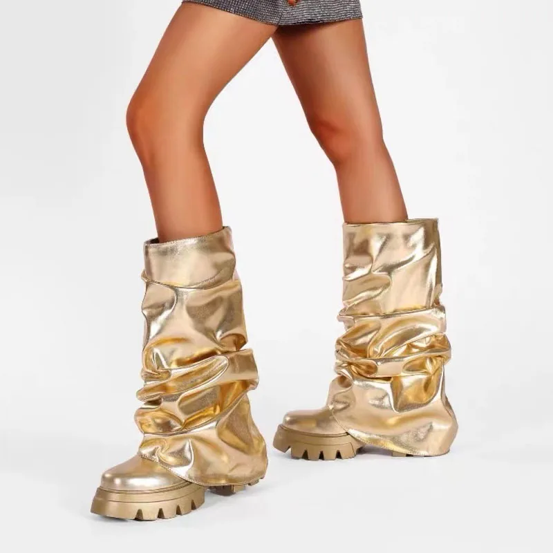 

New Women's Boots Round Toe Thick Sole High Heel Boots Waterproof Platform Anti Slip Boots Fashion metal pants high rise boots