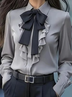 Women's Formal Shirt Collar Bow Tie Ruffles Long Sleeve Blouse - Image 4