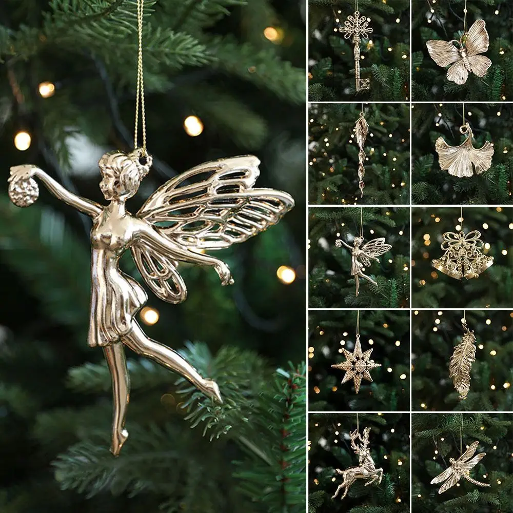 Gold Christmas Hanging Decoration Angel Snowflake Butterfly Dragonfly Christmas Tree Ornament Shopwindow Party Supplies