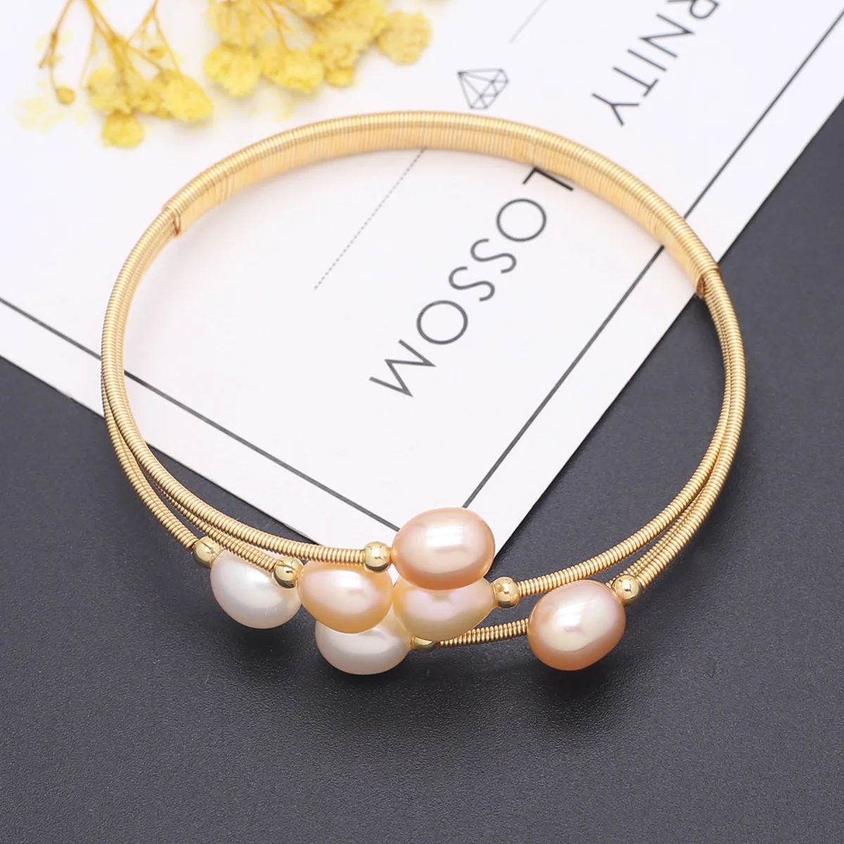 

Three-circle Winding Bead Bracelet Copper Golded Design Natural Freshwater Pearl Vintage Bangle Luxury Women Jewelry