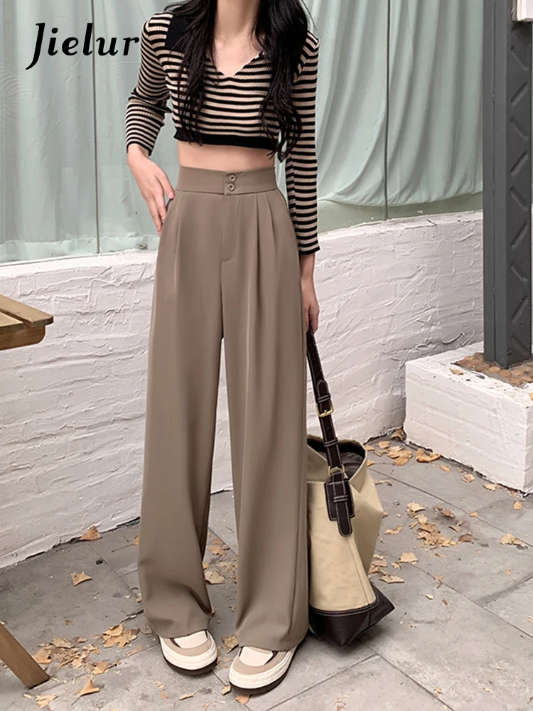 Jielur Korean Autumn Elastic Waist Suit Wide Leg Trousers Women's High Waist Pants Black Khaki Apricot Loose Female Pants S-XXL
