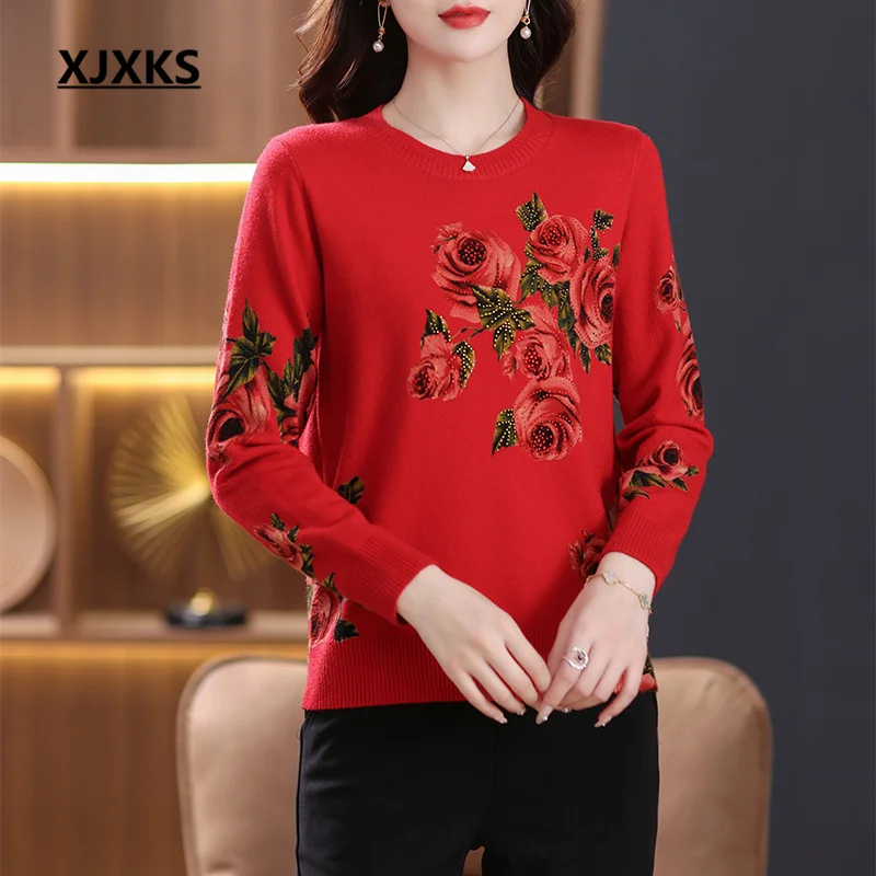 

XJXKS 2022 Autumn And Winter New Round Neck Long-sleeved Sweater Women's Pullover High Quality Wool Knitting Sueters De Mujer
