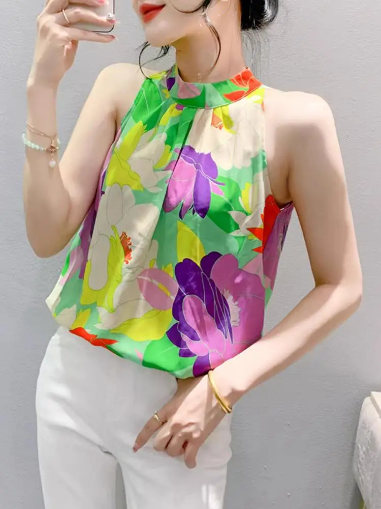 

Summer Print Floral Tanks Girls Sleeveless Chiffon Tops Women Vintage Halter Collar Camis Shirts
