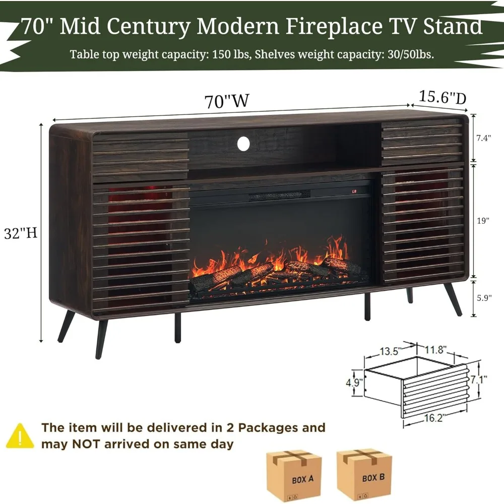 Fireplace TV Stand for 80 Inch TV, Mid Century Modern Entertainment Center with 36" Electric Fireplace & Led Lights, Wo 2