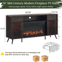 Fireplace TV Stand for 80 Inch TV, Mid Century Modern Entertainment Center with 36" Electric Fireplace & Led Lights, Wo 2