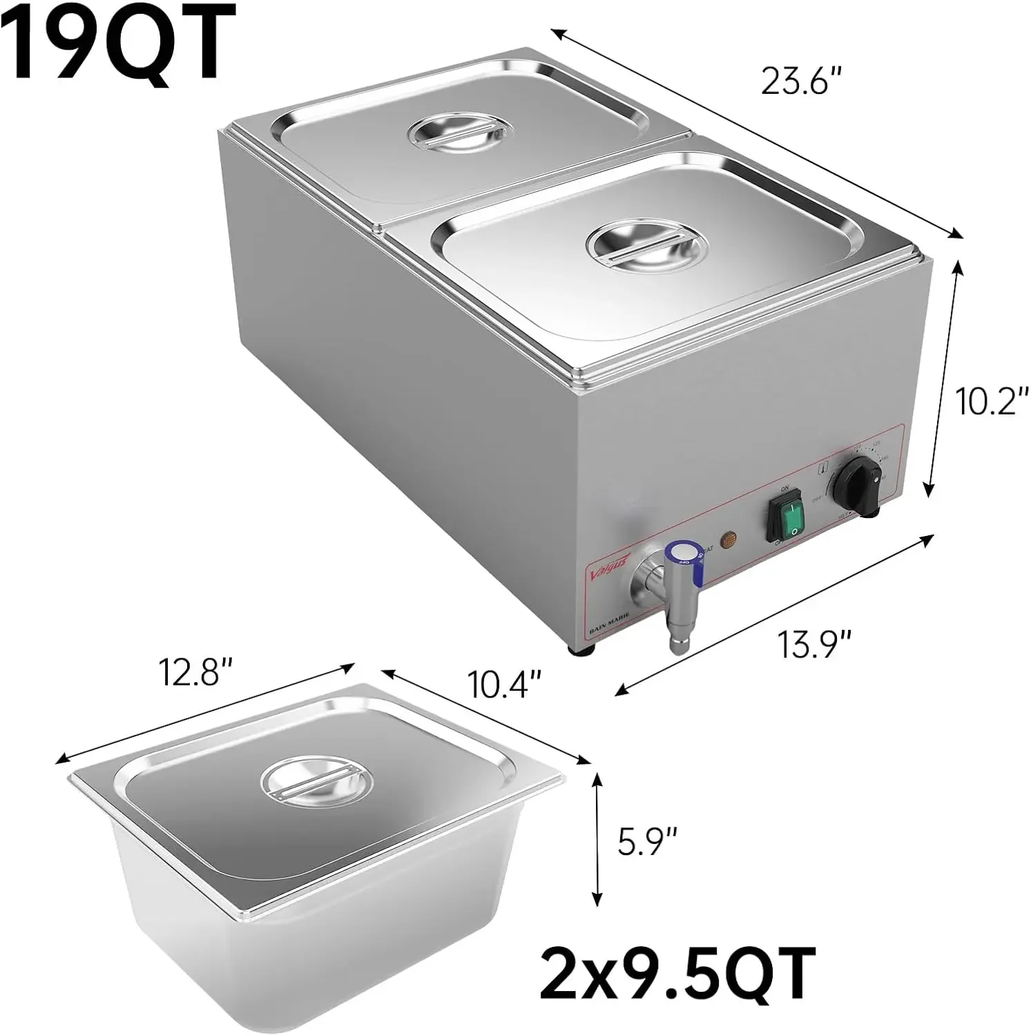 Commercial Grade Stainless Steel 2 Sections 19 Qt Bain Marie Buffet Food Warmer Steam Table with Temperature Control, Lid and Wa 2
