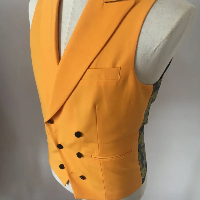 Double Breasted Vest for Men Suit Slim Fit 1 Piece Waistcoat Peaked Lapel Yellow Casual Wedding Waist Coat