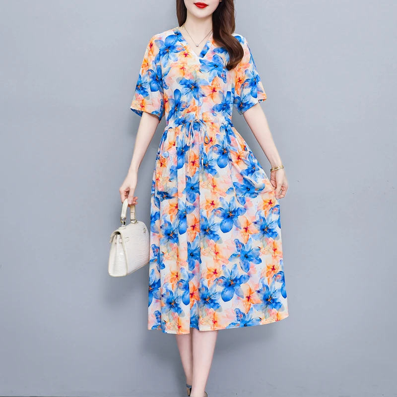 Summer V-Neck Plus Size Women's Loose Print Dress - Fashionable Short Sleeve Design