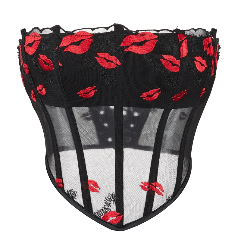 

Sexy Women's Mesh See Through Overbust Corset Lace Up Slimming Fit Corsets and Bustier Top Body Shaper Short Torso Korset S-2XL