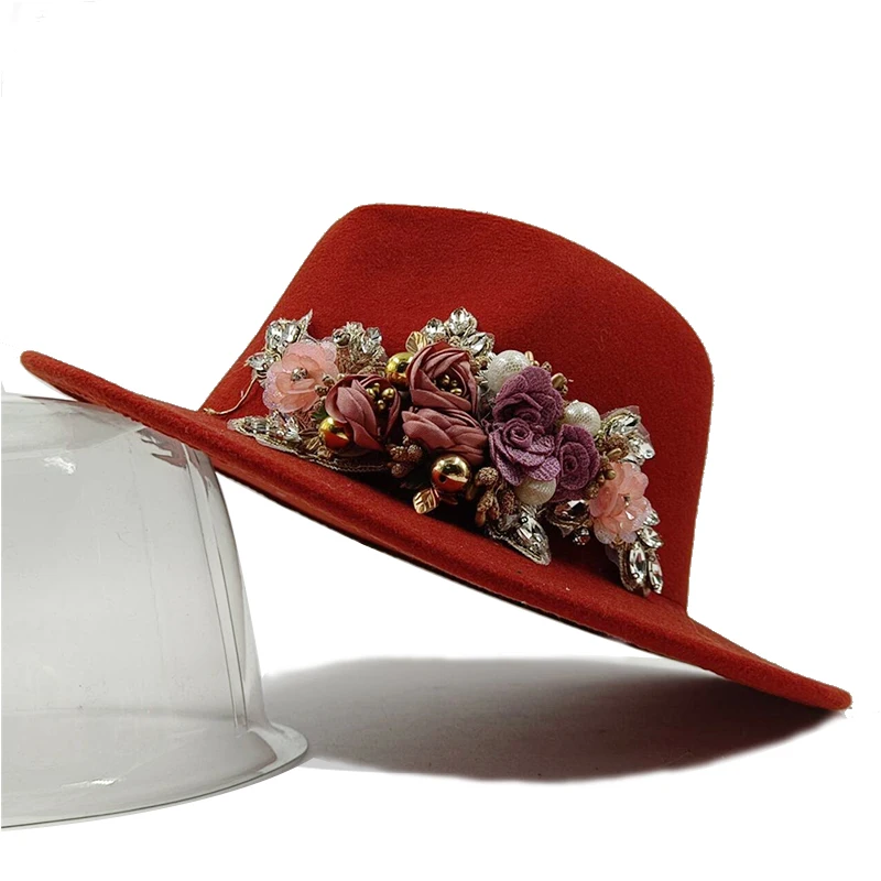 Gestickte Blume Hochzeit Fedora Hut für Frauen breite Krempe Jazz Cap Herbst Winter Kirche Bowler neue Kappe Chapeau Femme – Detail 12