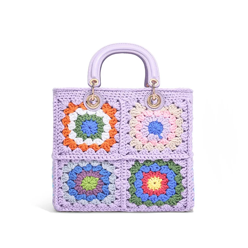 Bohemian Granny SquareCrochet Women Handbags Vintage Wooden Knitted Hand Bags Handmade Woven Large Tote Big Shopper Purses 2025