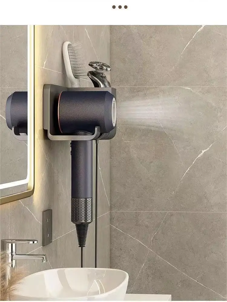 Hair Dryer Holder 1pc Wall-Mounted Perforation-Free Multi-Functional Bathroom Storage Rack