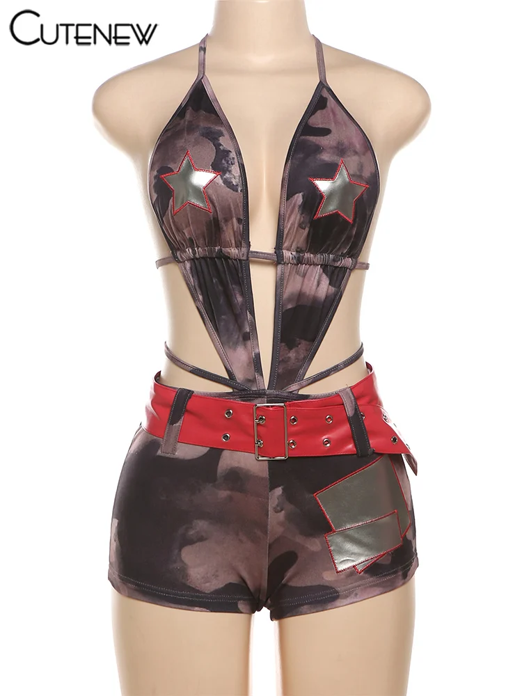 Monos con estampado de camuflaje para mujer, de verano, con cuello halter, espalda descubierta, escote en V, cinturón con hebilla, monos sexis con paneles, ropa de fiesta para discoteca para mujer