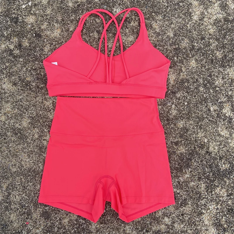 Yoga Shorts Set Gym Sports Set 2 Piece Women Workout Outfit Fitness Suit Cross Straps Bra High Waist Shorts Running Tracksuit 2