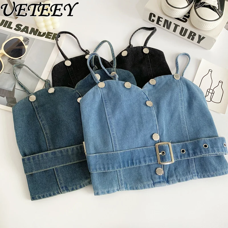 

Korean Style Fashion Clothing Hot Girl Outer Wear Denim Camisole Vest Female 2024 Summer New Sexy Slimming Short Crop Top