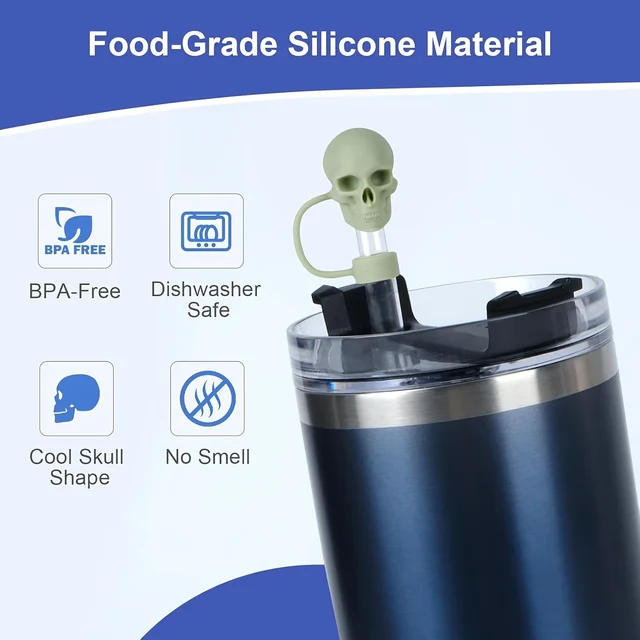 Skull Straw Cover Cap For Cup Reusable 10mm Silicone Straw Topper Compatible 30&40 Oz Tumbler With Handle Tips Lids 3
