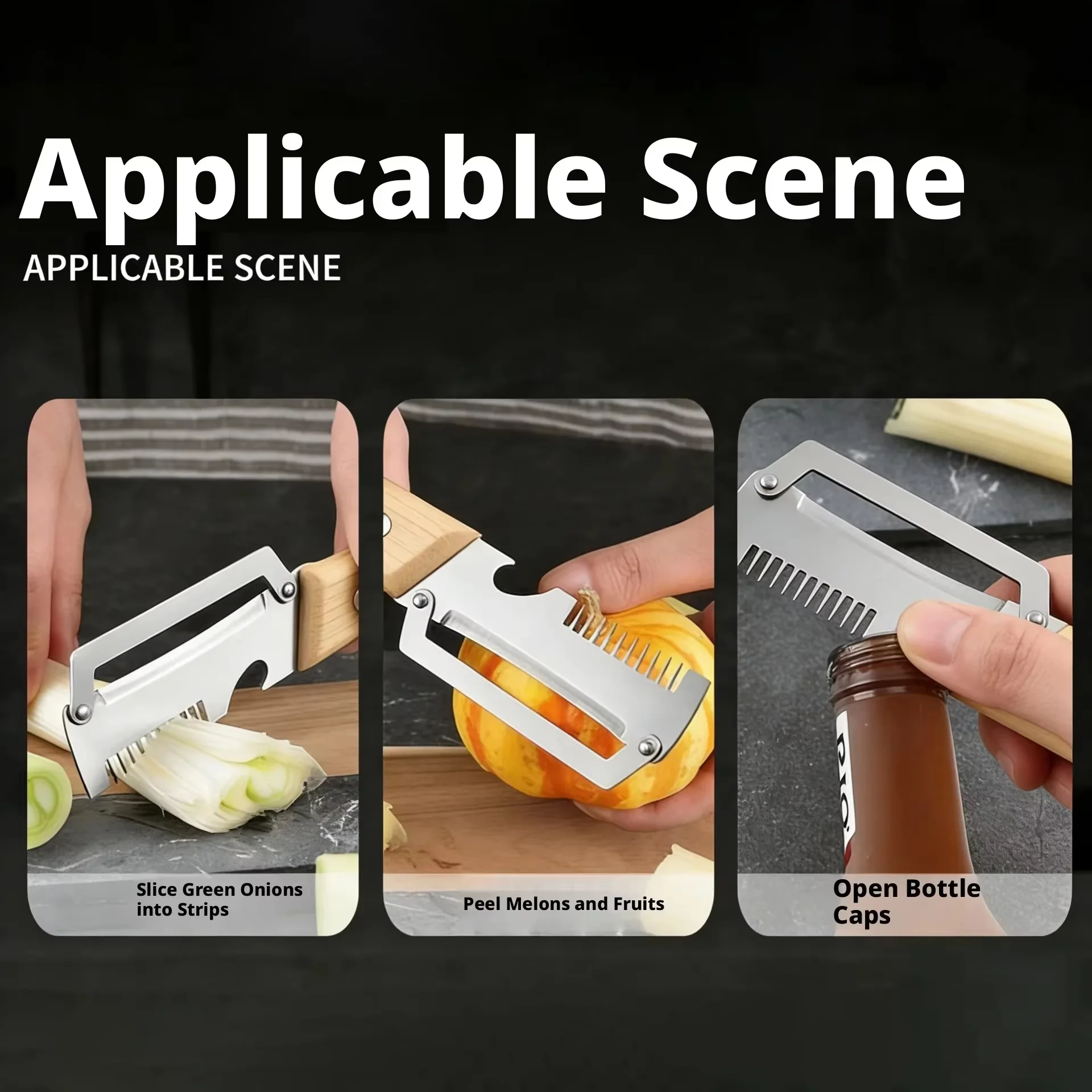 2-in-1 Stainless Steel Peeler Multi-Functional Serrated Vegetable Slicer Fruit Peeling Slicing Wooden Handle New Kitchen Knife 5