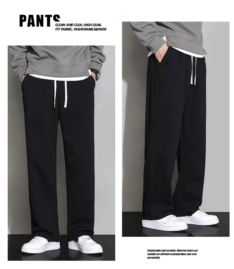 بنطلون واسع الساق للرجال لفصلي الخريف والشتاء، مبطن بالصوف، تصميم مستقيم وفضفاض، بنطلون رياضي كاجوال طويل، بنطلون رياضي أسود