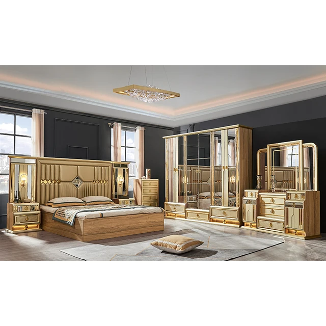 Wooden Modern Gold King Size Bed Double Master Room Villa Home Royal Full Queen Wood Luxury Bedroom Furniture Set 2