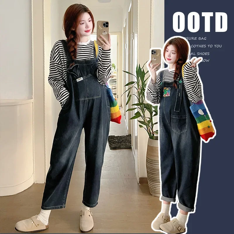 데님 비브 임산부 루즈핏 점프수트, 하렘 바지, 긴팔 티셔츠, 상의 세트, 가을 신상