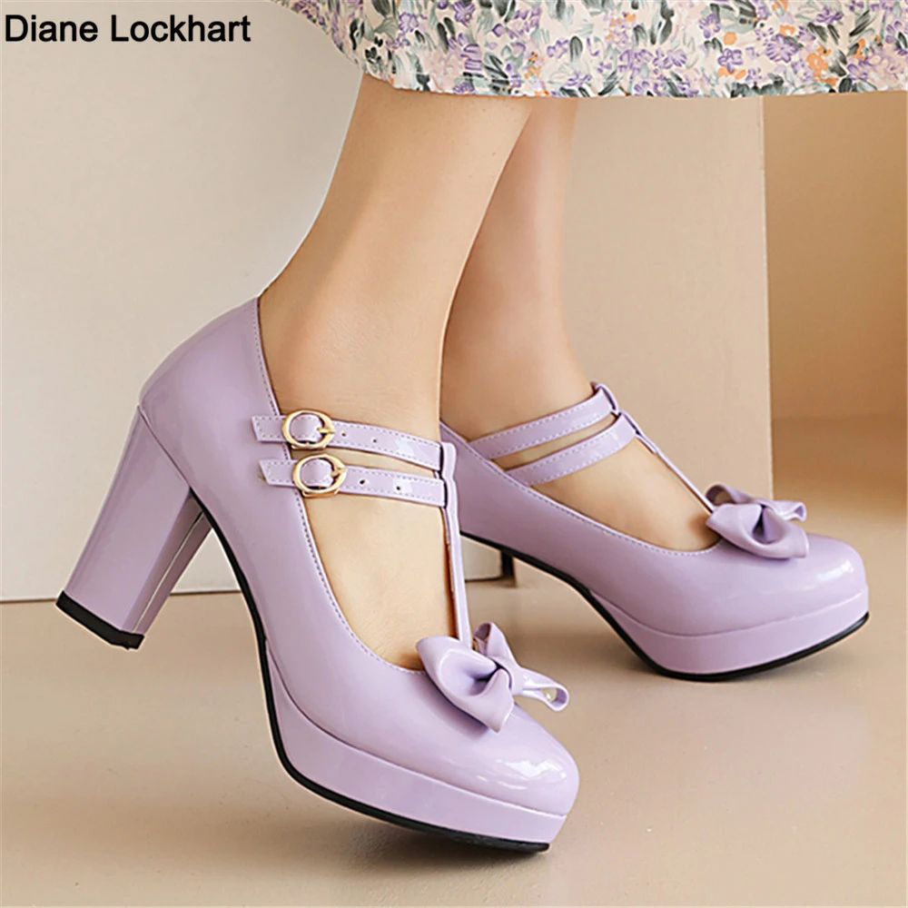 Women T Strap Mary Janes Shoes Lady High Heel Round Toe Bow Lolita