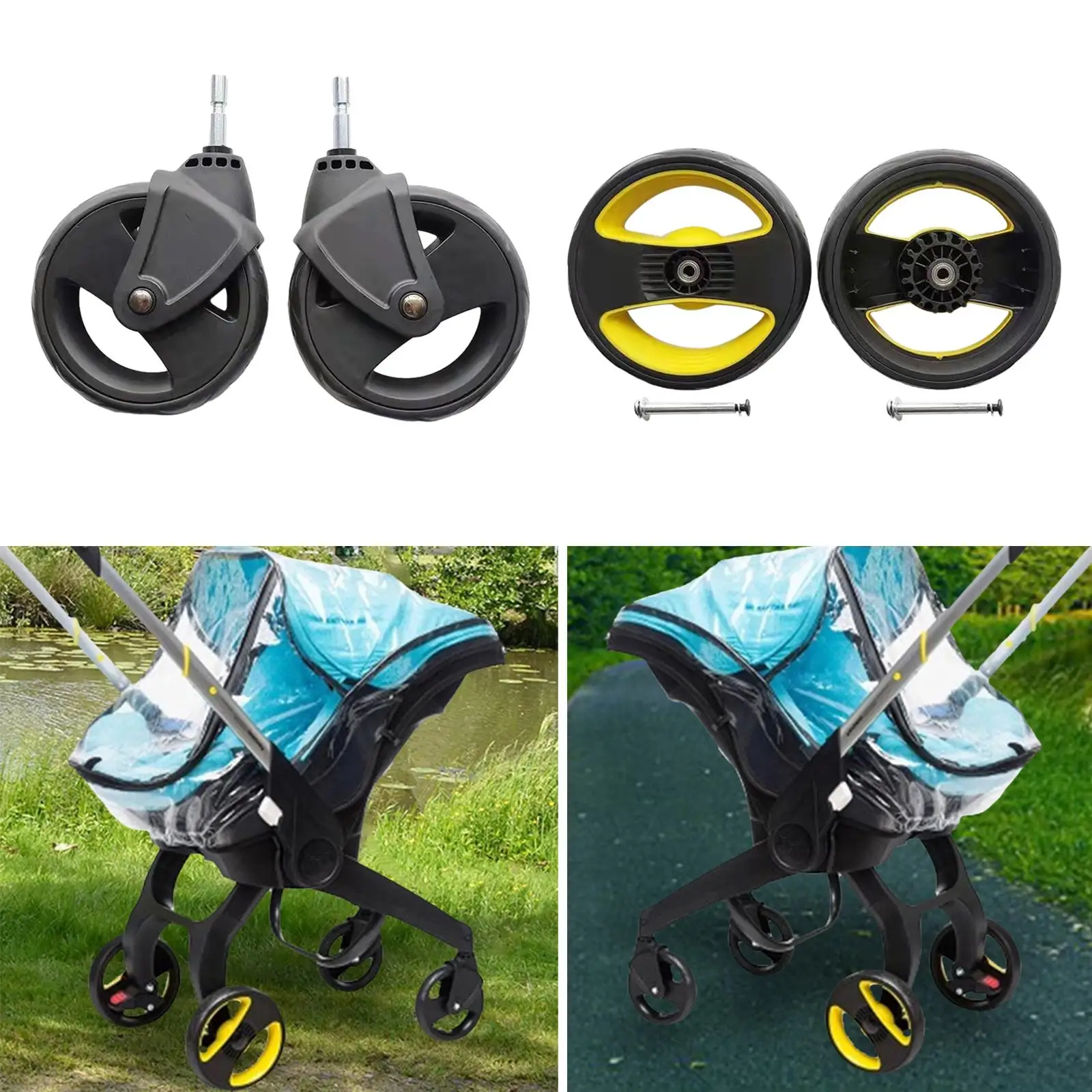 2x Pushchair Spare Parts Accessories Universal Pram Tire Wheel Replacement Swivel Wheel Rubber Trolley Set,pushchair spare parts