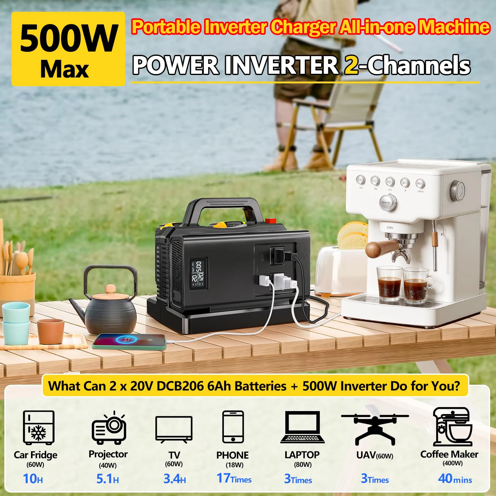 Portable Pure Sine Wave Power Inverter Battery Charger 2 in 1 for DeWalt 20V Bat