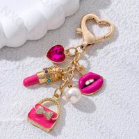 Pretty Rose Red Bag Lips Flamingos Lipstick Enamel Keychain Lovely Heart Animals Key Ring For Women Girls Handmade Jewelry Set 3