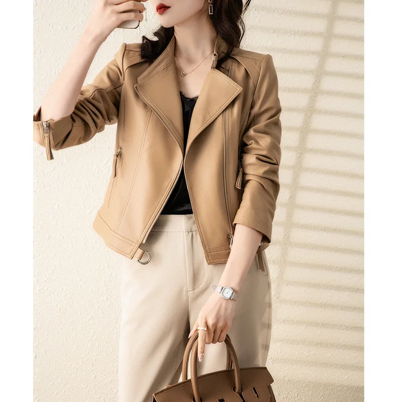 

Genuine leather clothes women's 2023 spring and autumn new fashion khaki locomotive sheep leather collar jacket short jacket