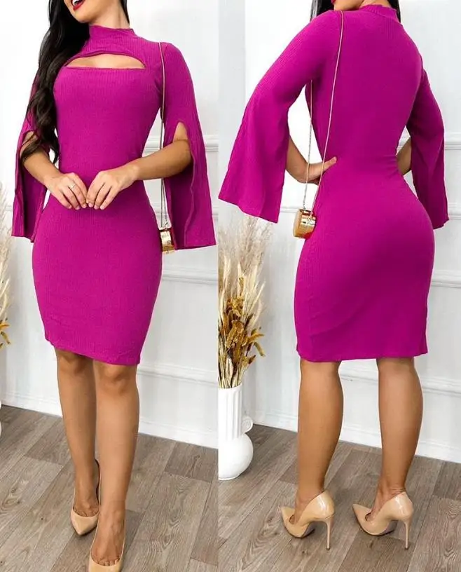 

Women Dresses 2023 Autumn Elegant Long Sleeve Mock Neck Cape Sleeve Cutout Fashion Office Work Midi Bodycon Dress Female Clothes