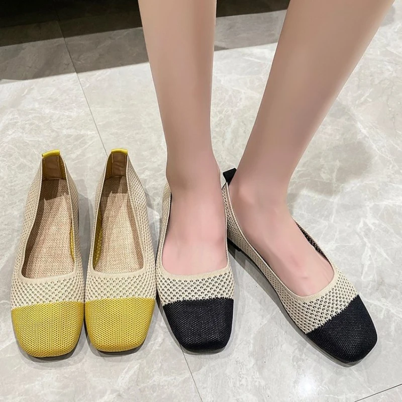 여성용 플랫 스퀘어 토 슈즈, 편안한 통기성 네트 캐주얼 맨발 신발, 용수철 및..