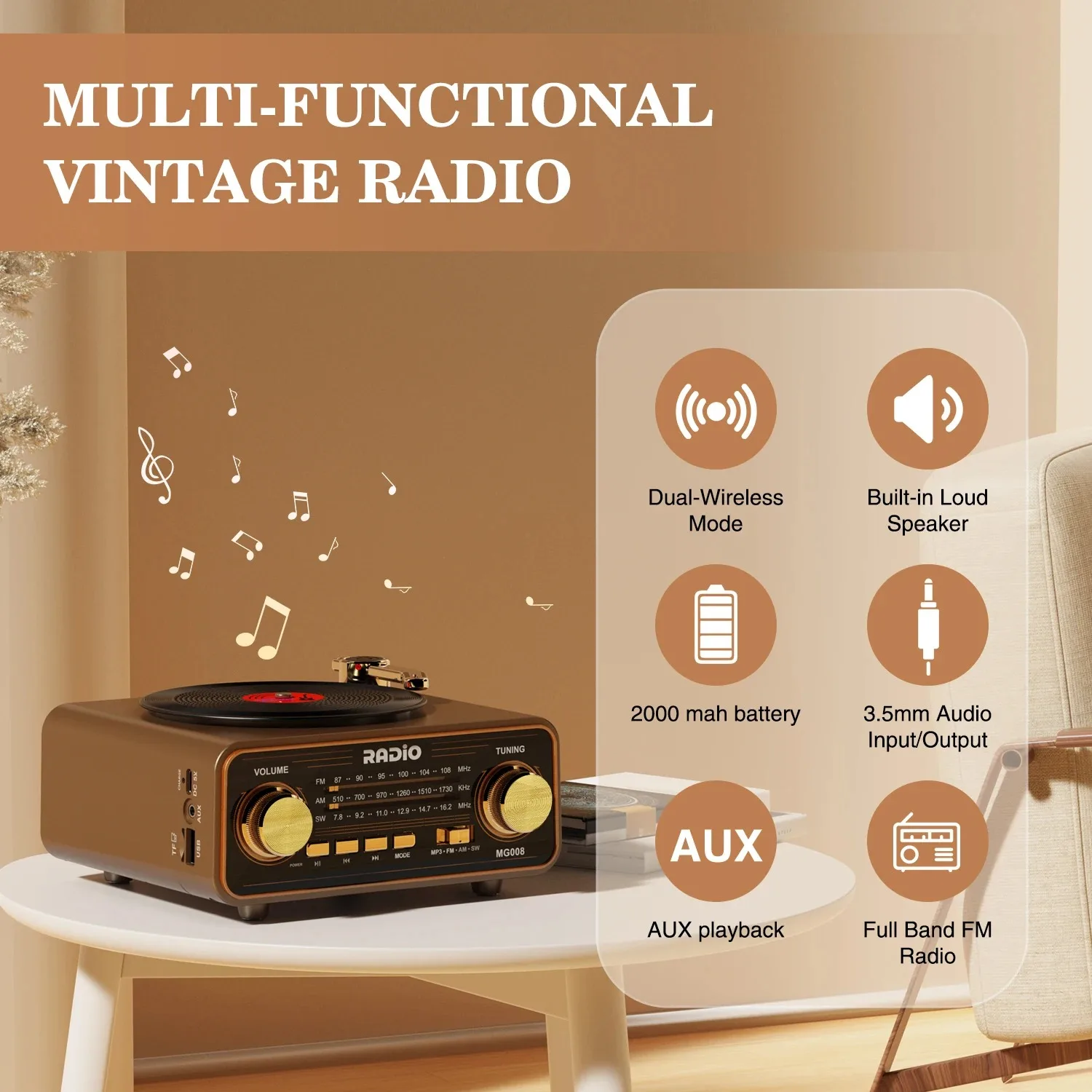 Portable FM/AM/SW Radio Retro Vinyl Player Style Wireless Bluetooth Speaker Streaming Unique Vintage Decor for Home Gift Idea