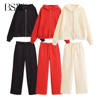 BSAY Women Fashion Autumn 2pcs Solid Long Sleeved Zip Hooded Sweatshirt Loose Jacket Female Straight Pants Two Piece Set