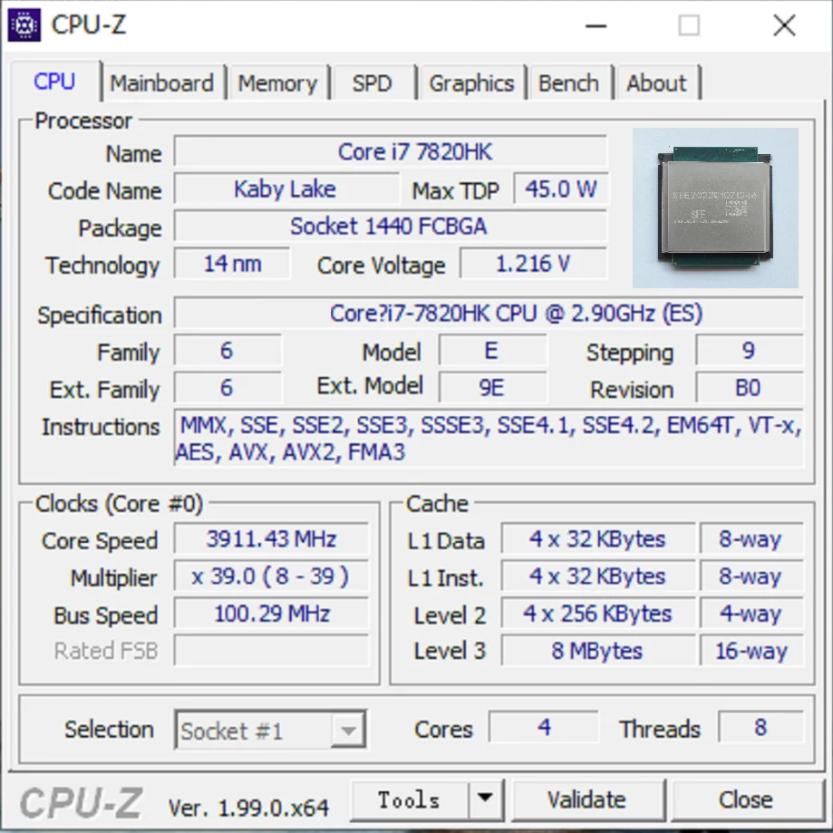 ũž CPU i7-7820HK, QLM4 (ES) 4C, 8T, 2.9GHz, 45W  μ, LGA1151